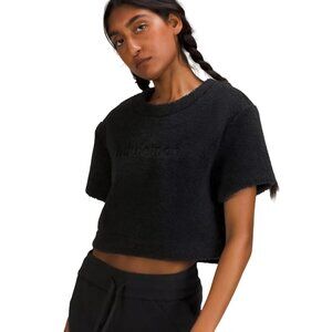 Lululemon Textured Fleece Embroidered Logo T-Shirt Black Faux Sherpa Size 4